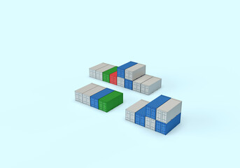 Pattern of shipping containers for cargo transportation and cardboard boxes. 3d render on the topic of cargo transportation, sea transportation, cargo delivery. Blue background, minimal style.