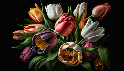 Tulips colorful bouquet on a black background. Mother´s Day gift. Generative AI