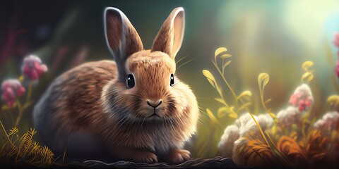 Illustration of Easter background with cute rabbit. super realistic. Generative AI