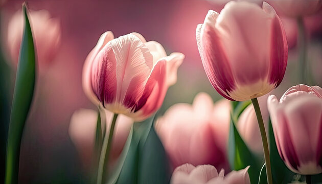 Pink and purple tulips pastel colors backdrop. Romantic Mother´s Day gift. Generative AI