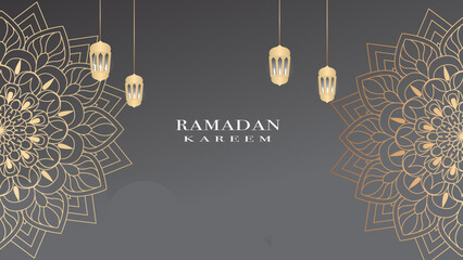 Ramadan greeting card. Luxurious and elegant design ramadan kareem on gradient grey background.