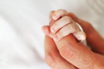 Close up photo of father holding newborn baby hand.