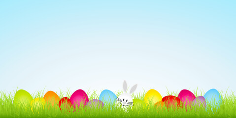 Osterwiese Weißes Hasenei & 14 Ostereier Bunt Himmel