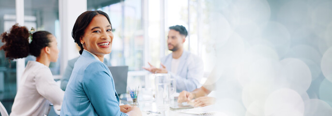 Happy business woman, portrait or internship in office meeting, boardroom training or diversity...