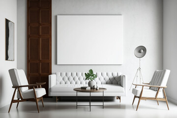 Living Room Interior, White, Mid Century Furniture, Blank Canvas