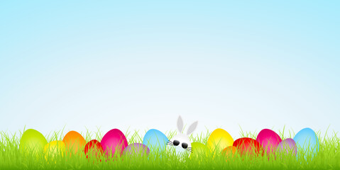 Osterwiese Weißes Hasenei Maske Sonnenbrille & 14 Ostereier Bunt Himmel