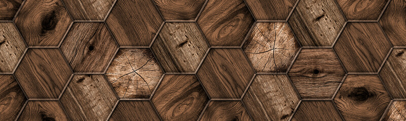 Hex tiles vintage old dark wood floor