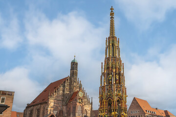 Fototapeta na wymiar Hauptmarkt Square with Frauenkirche (Church of Our Lady) and Schoner Brunnen fountain - Nuremberg, Bavaria, Germany