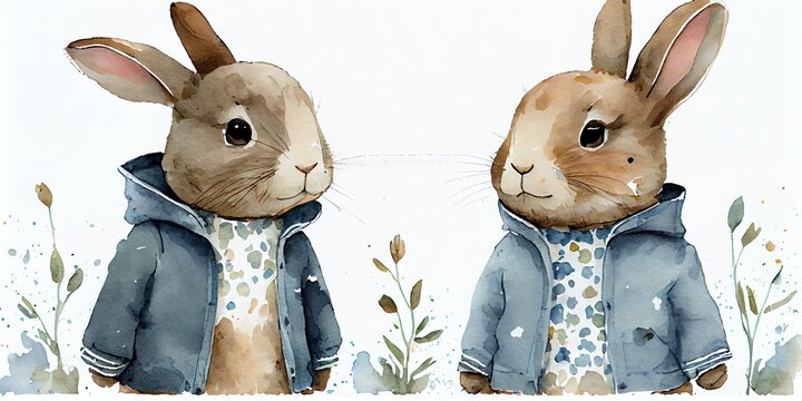 Illustration of Watercolor cute rabbits in a blue jacket. Generative AI