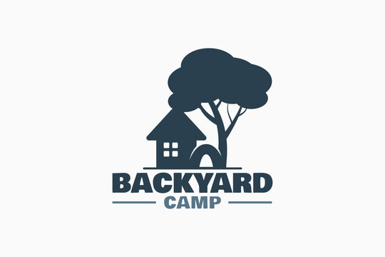 backyard camp logo with a combination of backyard camp lettering, house, tree and tent for any business especially for outdoor activities, camping, holidays, etc.