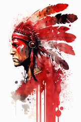 Portrait of a Indian Warrior, watercolor red and black splats. Generative AI.