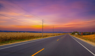Countryside Road autumn season in Wisconsin State, USA, twilight Countryside Road ,