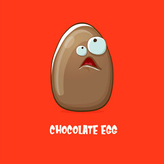Cartoon chocolate easter egg cartoon characters isolated on red background. My name is egg vector concept illustration. funky sweet chocolate easter egg character with eyes and mouth