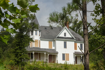 Looking between trees at an abandoned victorian mansion