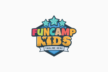 fun camp kids logo with a combination of fun camp kids lettering with silhouettes of children's activities including martial art, yoga, and soccer for any business
