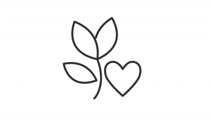 Animated plant and heart linear icon. Symbol of love and care. Save nature. Eco friendly sign. Seamless loop HD video with alpha channel on transparent background. Outline motion graphic animation