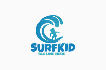 surf kid logo with a boy surfing on beautiful waves for any business especially for surfing store, surf learning, club, team, etc.