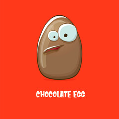Cartoon chocolate easter egg cartoon characters isolated on red background. My name is egg vector concept illustration. funky sweet chocolate easter egg character with eyes and mouth