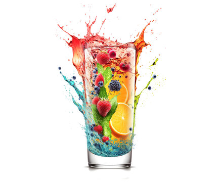Refreshing Fruity Drink with Colorful Splash isolated on white. Generative AI.