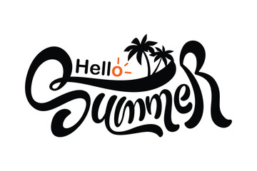 Happy Summer Season Text Design, Vector Black and white, Handwriting, Banner With Orange Sun And twin Coconut Tree