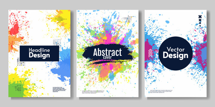 Set of abstract posters with colorful paint splash. Creative vector design for poster, brochure, banner, business card. Vector illustration. 