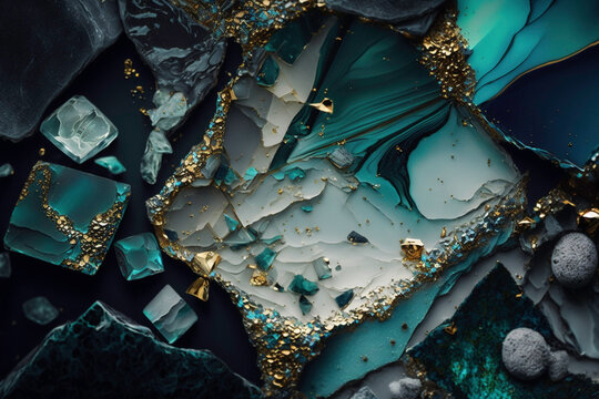 Marble turquoise pieces with gold elements background  - Generative AI illustration