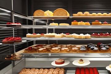 Different types of delicious cakes in pastry shop showcase. Generative AI
