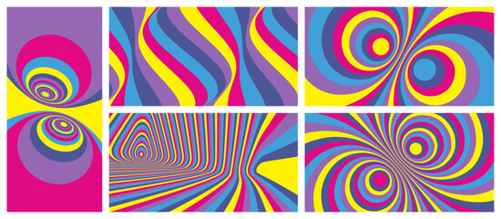 Abstract background made of many colored lines. Wavy pattern with optical illusion. Psychedelic stripes. Op art design. Vector illustration for brochure, flyer, card, banner or cover.