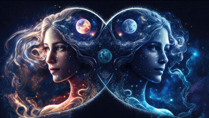 Gemini twin beautiful woman zodiac sign against space nebula background. Astrology calendar. Esoteric horoscope and fortune telling concept. Created with Generative AI - obrazy, fototapety, plakaty