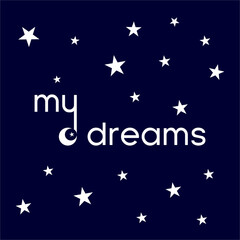 Design for background with illustration of night sky with stars and crescent Moon.