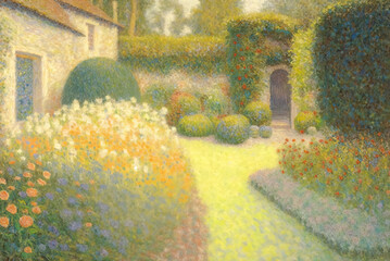 Sunny country garden, pointillism, painting, wallpaper. Generative AI.