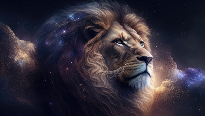 Leo lion king head zodiac sign against space nebula background. Astrology calendar. Esoteric horoscope and fortune telling concept. Created with Generative AI - obrazy, fototapety, plakaty