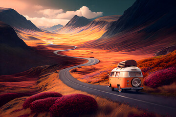 vintage camper van parked on a winding mountain road, surrounded by breathtaking views of the rugged terrain. spontaneity of life on the road, explore the world. Generative AI - obrazy, fototapety, plakaty