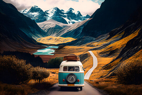 On the Road Again vintage camper van parked on a winding mountain road Generative AI