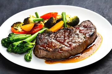 Grilled beef steak with vegetables on the plate. Watercolor hand drawn illustration, isolated on white background. Generative AI