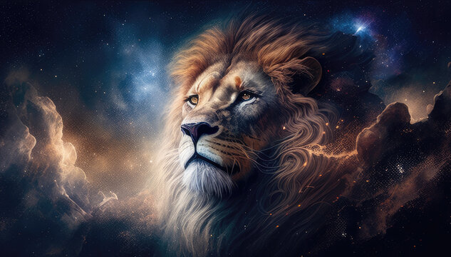 Leo lion king head zodiac sign against space nebula background. Astrology calendar. Esoteric horoscope and fortune telling concept. Created with Generative AI