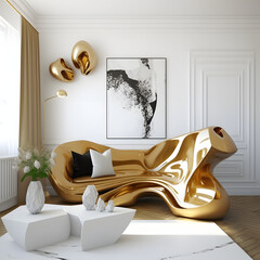 Cozy modern living room interior with gold sofa and decoration room on white wall background, Generative AI
