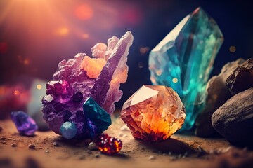 Fototapeta premium Gems and crystal minerals. AI technology generated image