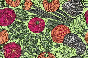 Handdrawn seamless doodles pattern with different vegetables: tomato, onion, beet, cucumber etc. Harvest repeated background. Line art. Generative AI
