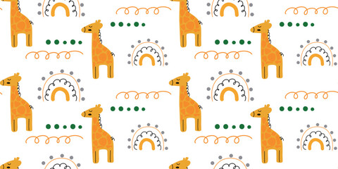 A cute pattern with giraffes in a cartoon style. Orange giraffe and rainbow on a white background. Seamless pattern of the vector. Print for a children's room, clothes for newborn, baby shower.