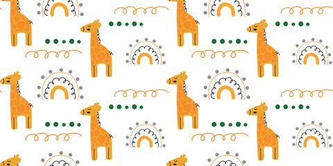 A cute pattern with giraffes in a cartoon style. Orange giraffe and rainbow on a white background. Seamless pattern of the vector. Print for a children's room, clothes for newborn, baby shower.
