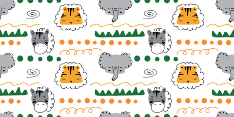 Elephant, zebra tiger.Cute African seamless pattern. Children's print. Fashionable pattern.