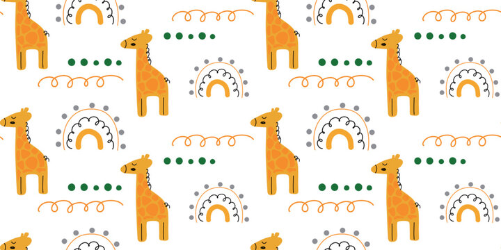 A cute pattern with giraffes in a cartoon style. Orange giraffe and rainbow on a white background. Seamless pattern of the vector. Print for a children's room, clothes for newborn, baby shower.