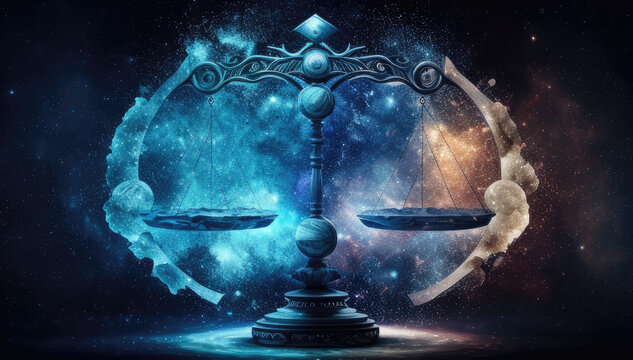 Libra balance justice zodiac sign against space nebula background. Astrology calendar. Esoteric horoscope and fortune telling concept. Created with Generative AI