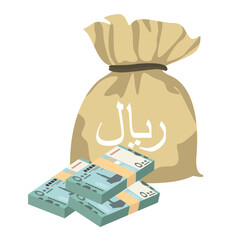Yemeni Rial Vector Illustration. Yemen money set bundle banknotes. Money bag 500 YER. Flat style. Isolated on white background. Simple minimal design.