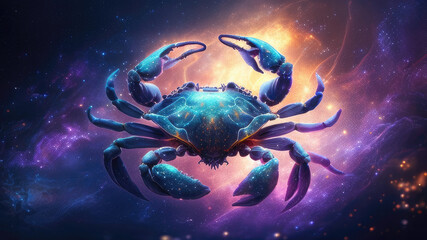 Cancer crab zodiac sign against space nebula background. Astrology calendar. Esoteric horoscope and fortune telling concept. Created with Generative AI
