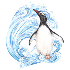 Watercolor illustration of the Arctic, a penguin among splashes and waves in blue tones, composition isolated on a white background