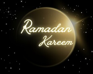 Ramadan Kareem on moon shine on the night sky. For card, poster, wallpaper, social media post