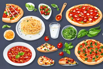 Fototapeta na wymiar Italian food set. Pizza, spaghetti with sause bolognese, Caprese salad, Bruschetta. Watercolor hand drawn illustration isolated on white background. Generative AI