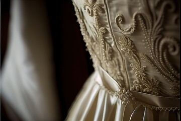 Wedding dress, Bride silk cloth, Marriage dress closed up (Ai generated)